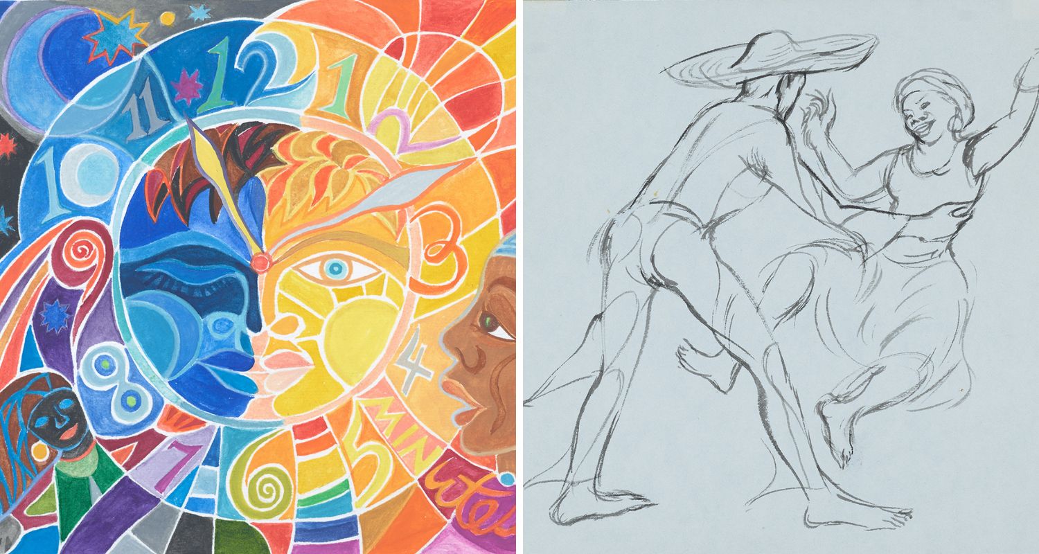Artwork by Ashley Bryan. Left: a colorful painting of the face of a clock surrounded by other figures; right: a line drawing of a man and woman dancing, 