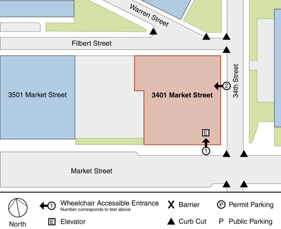 Detail map of 34th and Chestut Streets: Accessible entrance to the University Archives and Records Center