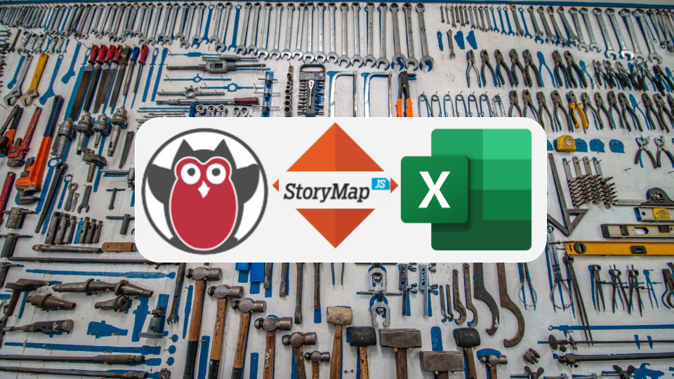 Voyant Tools, Storymap.js, & Excel logos against a backdrop of workers tools