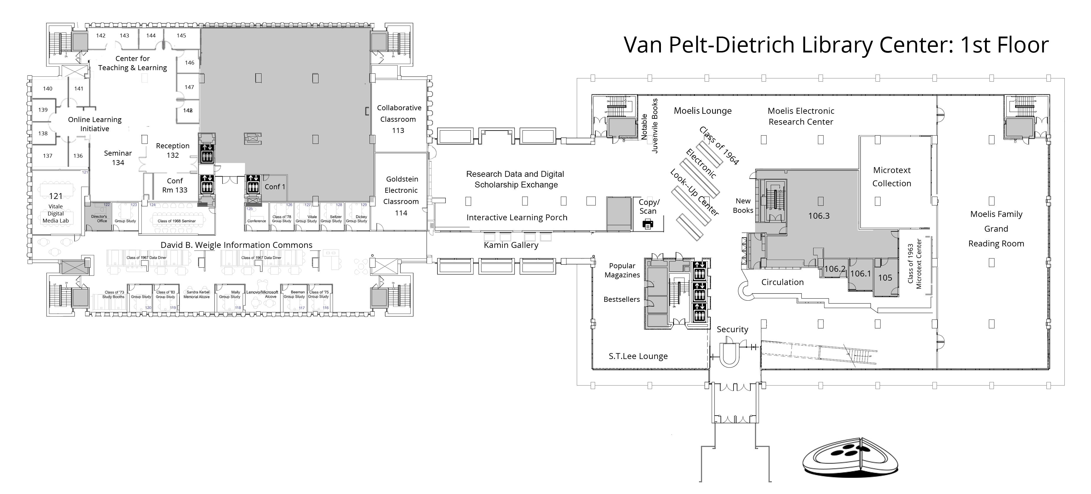 first floor plan, Van Pelt-Dietrich Library Center. Full description is below.