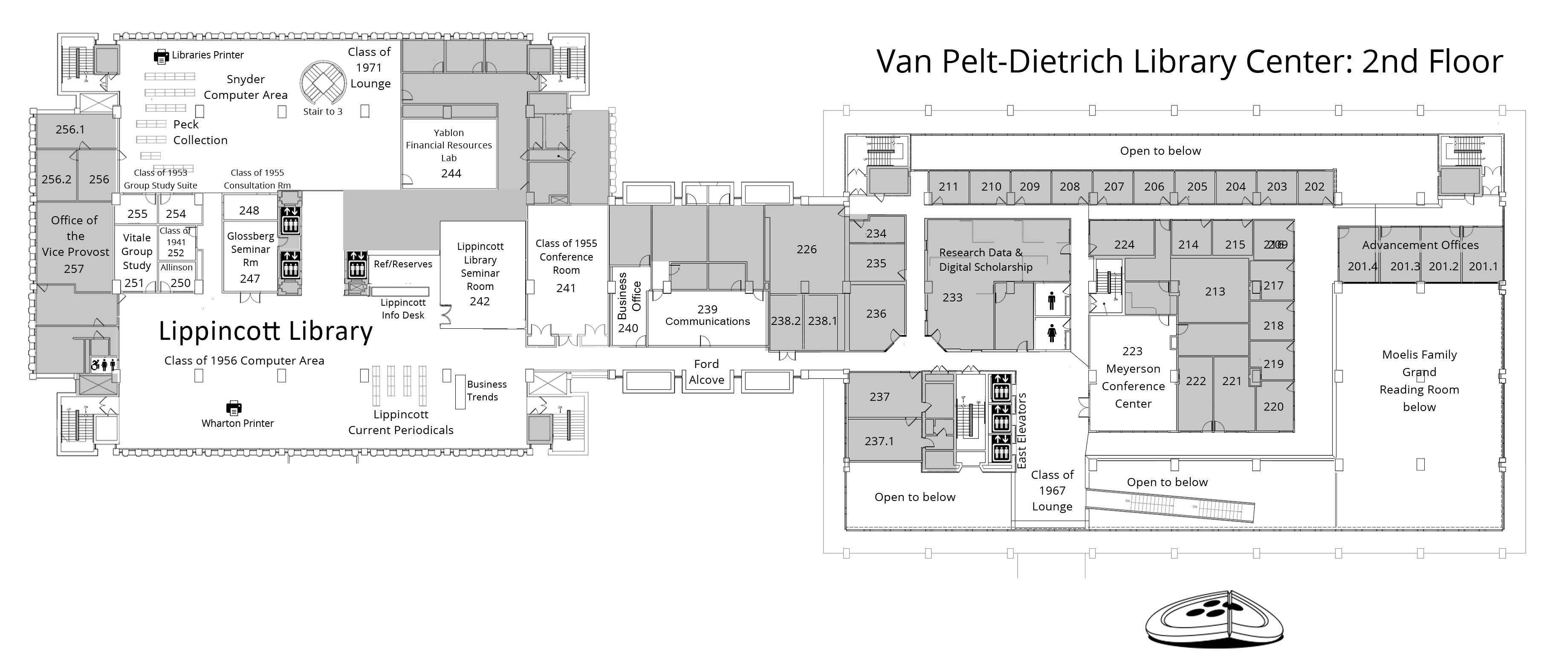 second floor plan, Van Pelt-Dietrich Library Center. Full description is linked below.